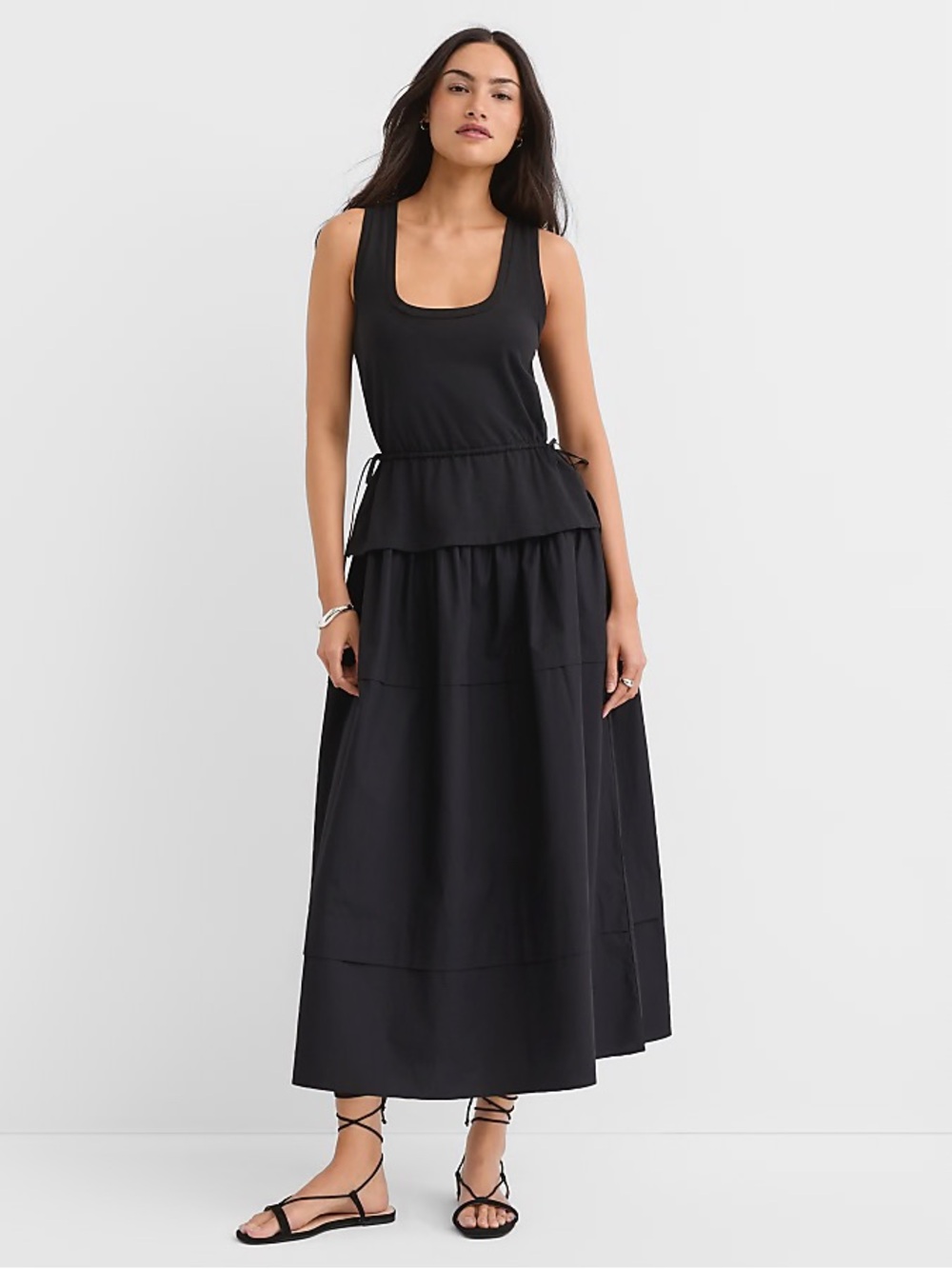 Side Tie Mixed Media Midi Pocket Dress